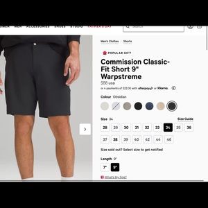 Lululemon mens 9” commission shorts.  Size 34 Obsidian (gray)